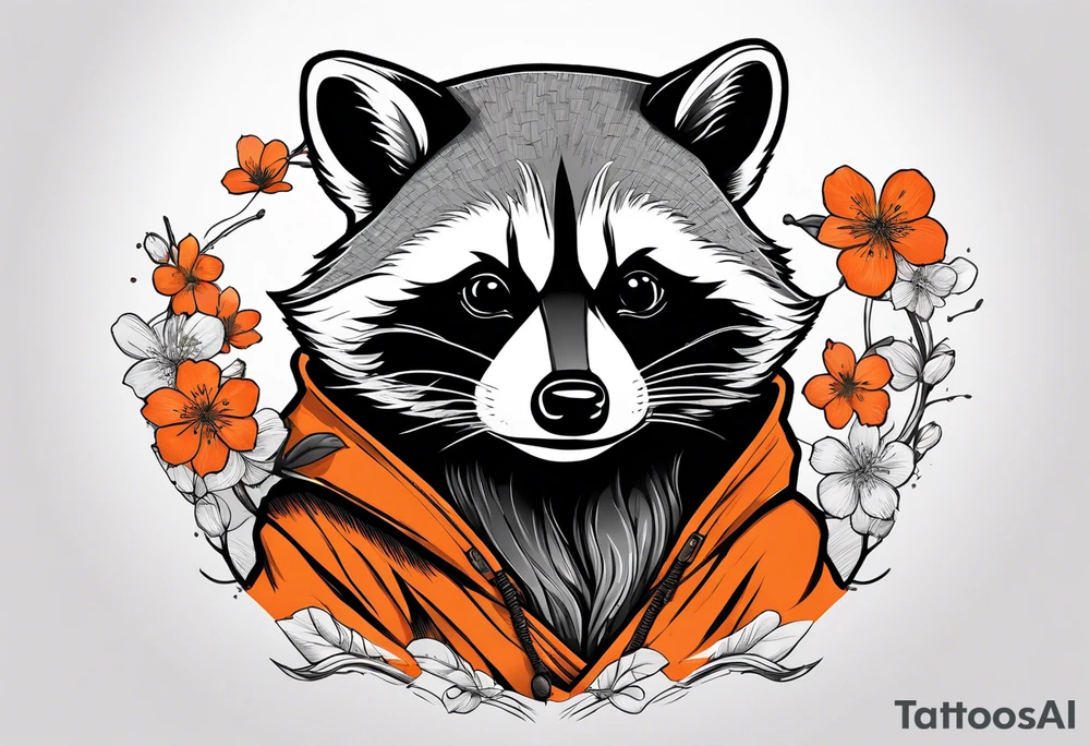 raccoon wearing a black and white Superman hoodie with orange Japanese cherry blossoms tattoo idea