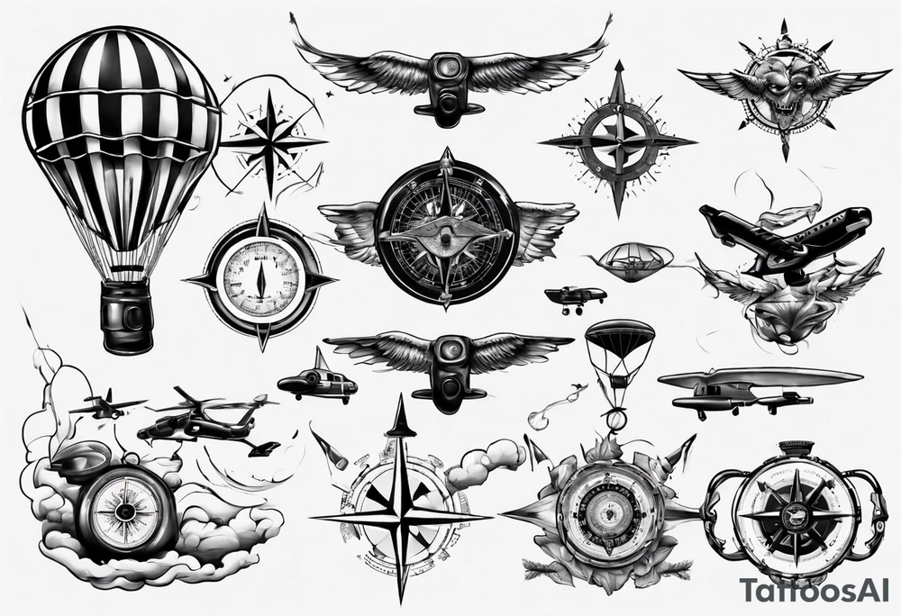 skydiving, shooting guns, compass, adventure tattoo idea