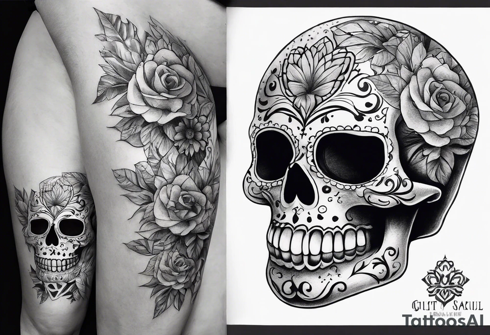 Lost a lot of weight. Sugar skull. Thigh tattoo tattoo idea