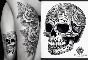 Lost a lot of weight. Sugar skull. Thigh tattoo tattoo idea