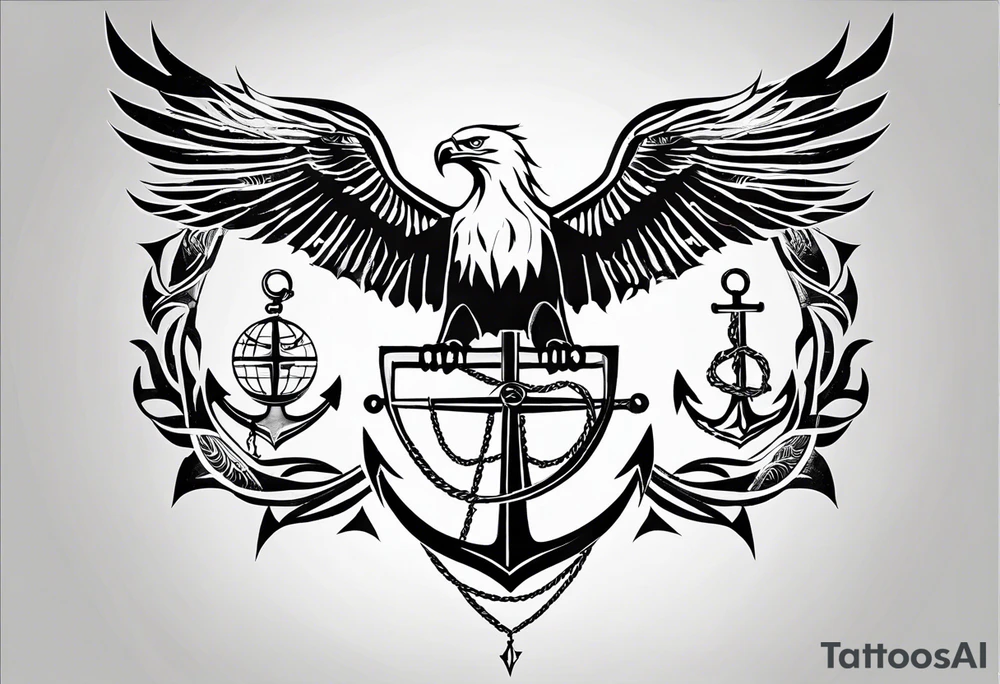 minimalist tribal tattoo with an eagle, globe, and anchor infused with the art tattoo idea