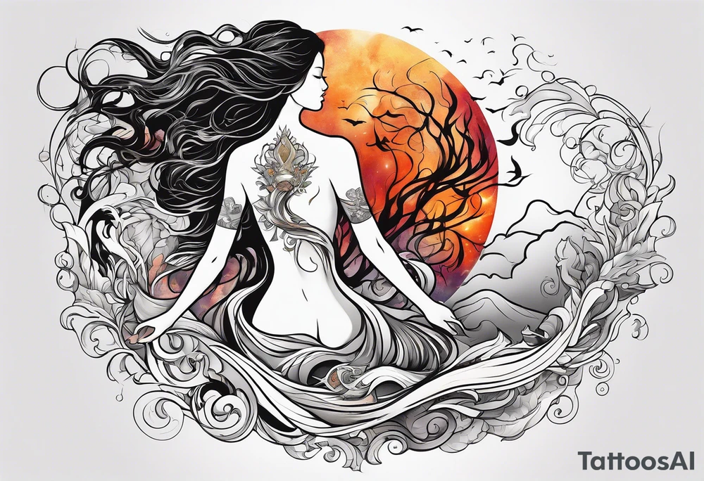 Resurrection strength and courage Beautiful Woman walking through fire and chaos to inner peace and self-love  ethereal tattoo idea