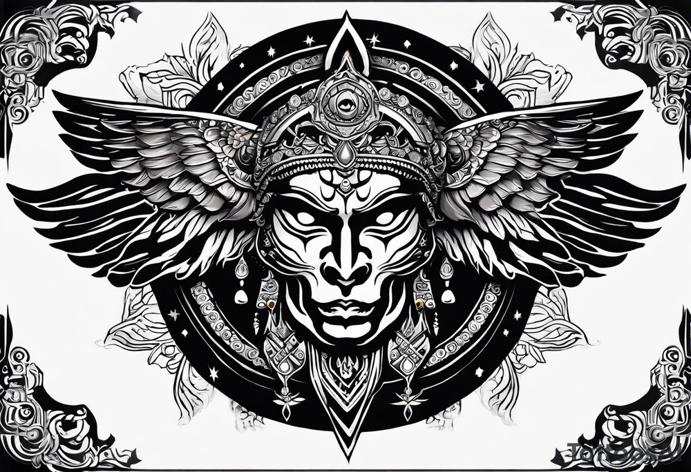 black kali, goddess pirate, alien, angel, pachamama, valkrye, warrior, flying, skull, lotus azul, wing, eagle, zenza resonance, stars, 5D, anahata chakra, death, durga, riding on a tiger tattoo idea