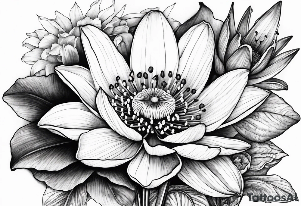 Poppy, water lily, Lily of the valley, daffodil, cosmo flower bouquet tattoo idea