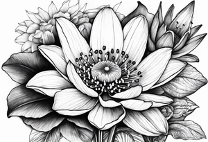 Poppy, water lily, Lily of the valley, daffodil, cosmo flower bouquet tattoo idea