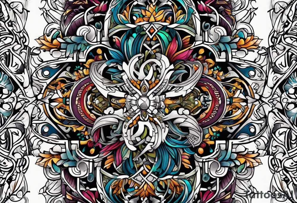 Bold geometric tapestry trident vines in colour on arm tattoo idea