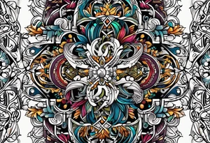 Bold geometric tapestry trident vines in colour on arm tattoo idea