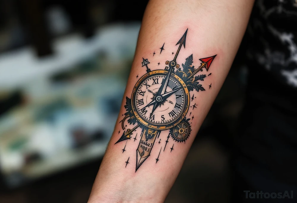 steampunk half compass half clock with a full-length arrow pointing at my wrist and saying "Isaiah 40:31" tattoo idea