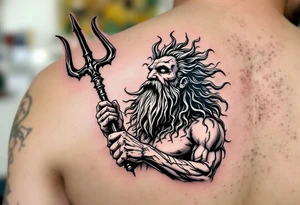 funny poseidon, behind a trident, looking at the sky tattoo idea