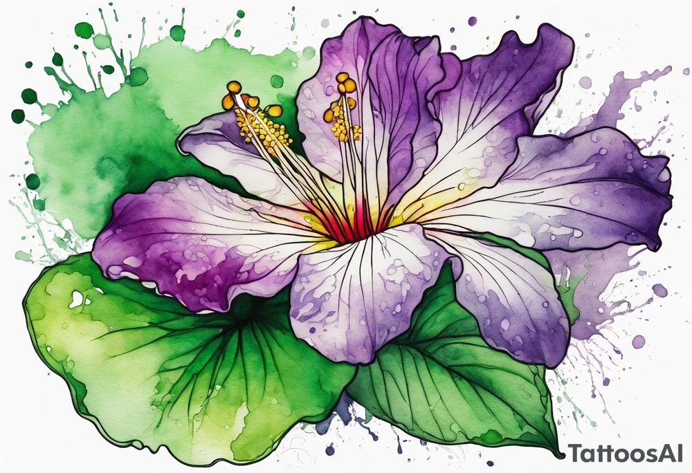 An outline of a green rio dipladenia flower and a purple watercolor splash in the background tattoo idea