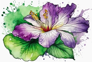 An outline of a green rio dipladenia flower and a purple watercolor splash in the background tattoo idea