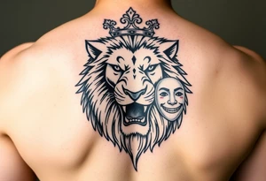 powerful majestic lion with a crown, 5 card hand, something Gemini related, and a happy mask getting pulled off tattoo idea