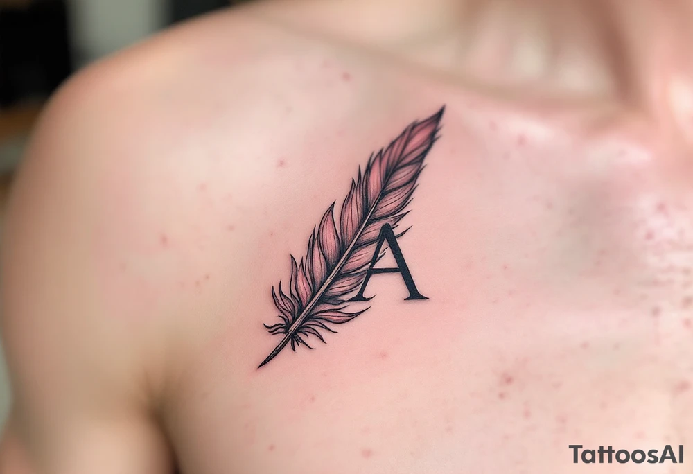 A feathered quill forming the letter "A" in dusty rose and ink black. tattoo idea