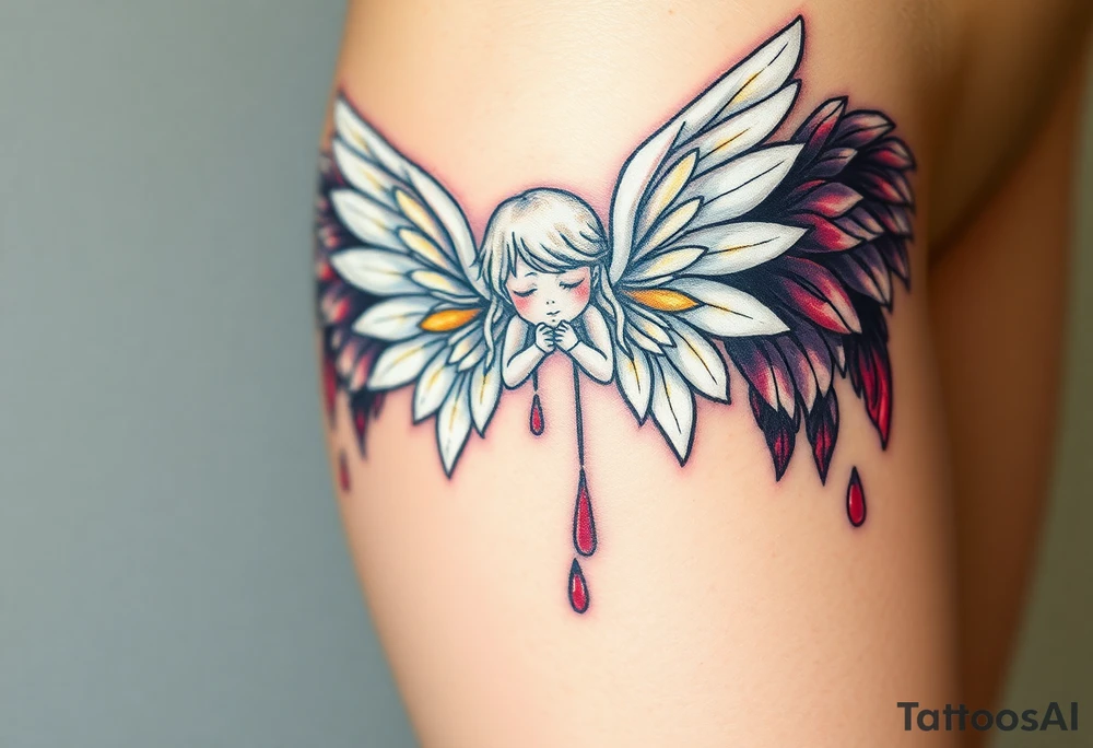 angel, with brilliant white wings that shine with golden accents ageinst fallen angel, whose wings are tattered and darkened with deep purples, reds, and blacks, dripping with sorrowful tears of blood. tattoo idea