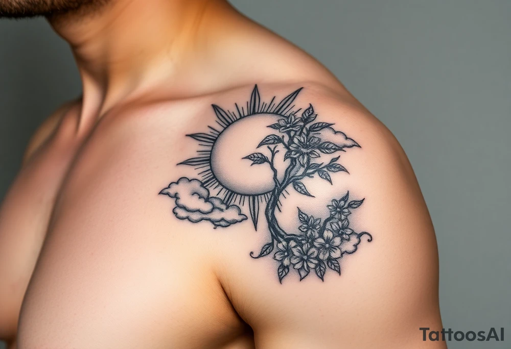 sun 
 surrounding by clouds, tree blooming with flowers on the shoulder tattoo idea