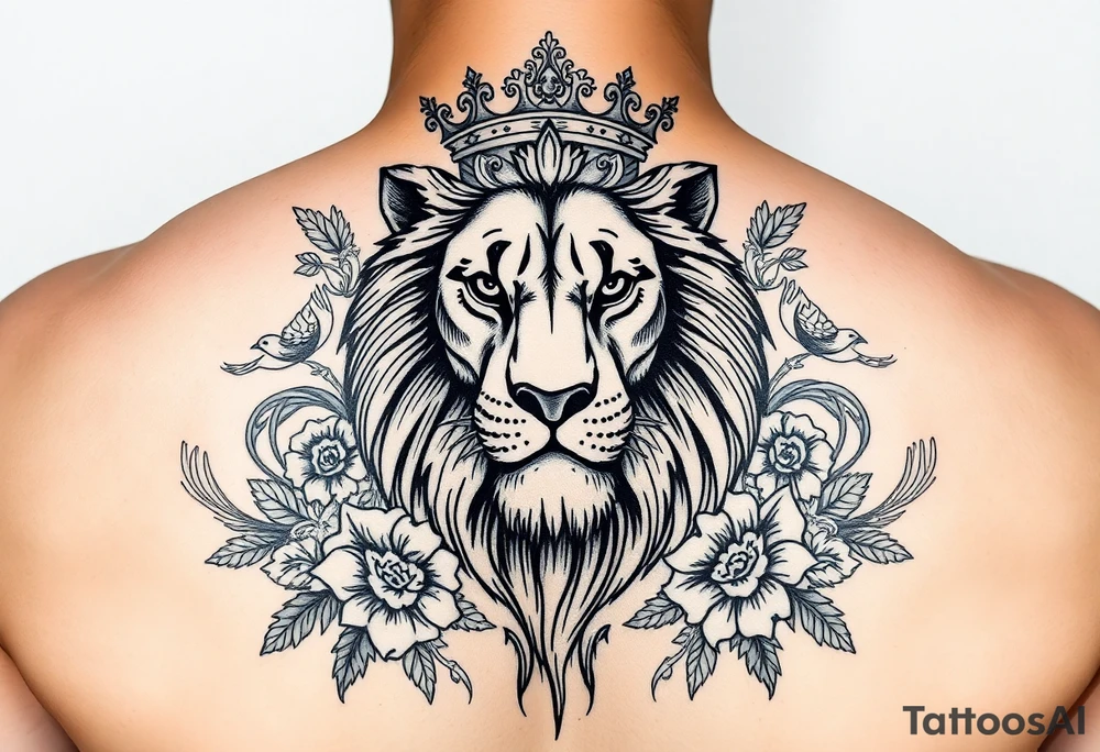 powerful majestic lion with a crown, surrounded by floral ornaments and birds tattoo idea