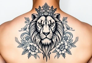 powerful majestic lion with a crown, surrounded by floral ornaments and birds tattoo idea