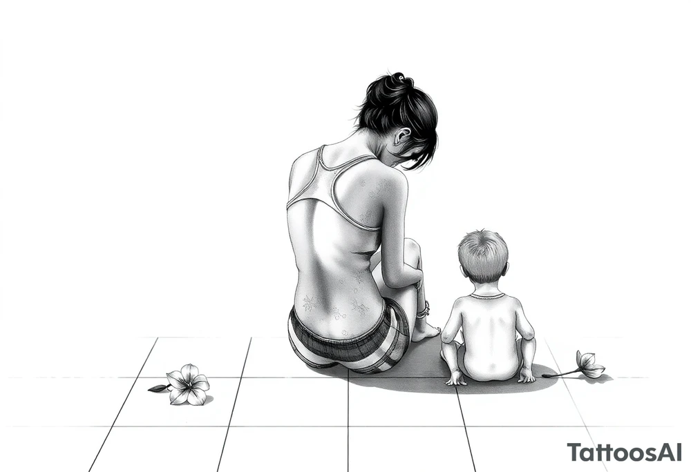 a tile floor with a realistic silhouette of the back of a thin woman sitting curled on the tile floor and the shadow of a young child sitting next to her with a lily next to them on the floor. The woman is wearing a Racerback tank top, running shorts, has dark hair pulled up high, and her head is down. tattoo idea