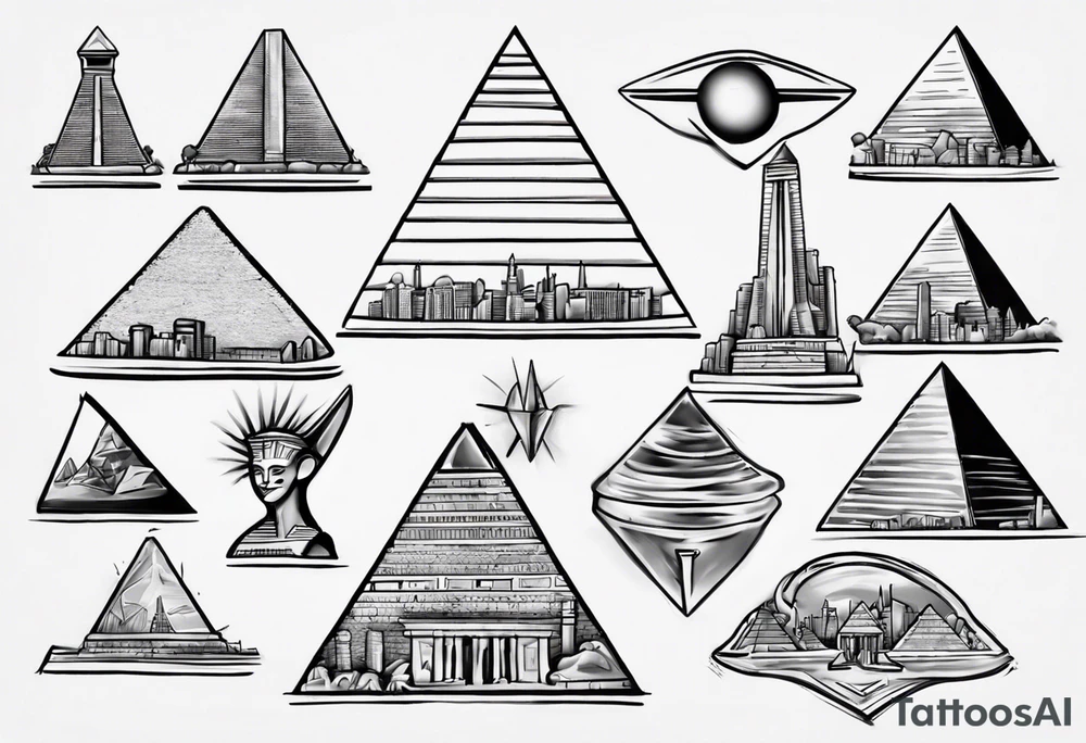 Generate a tattoo design featuring the Pyramids of Giza merging with the Manhattan skyline. Include vibrant colors to highlight both Egyptian and New York elements. Ensure a balanced composition with attention to detail tattoo idea