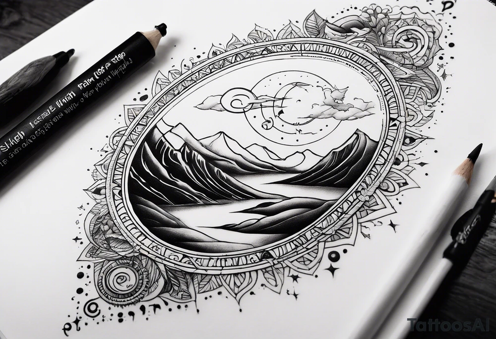 A tattoo featuring a meaningful quote about life's journey, such as "The journey of a thousand miles begins with a single step," accompanied by celestial elements to emphasize the cosmic nature of your path. tattoo idea