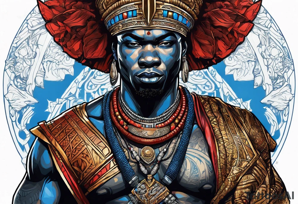 An african god, a bald warrior, that uses a sword and a silver crown. He also uses blue and red necklaces tattoo idea