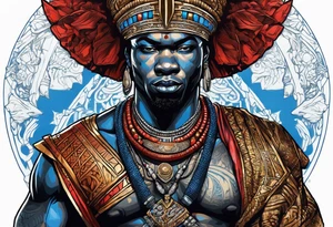 An african god, a bald warrior, that uses a sword and a silver crown. He also uses blue and red necklaces tattoo idea