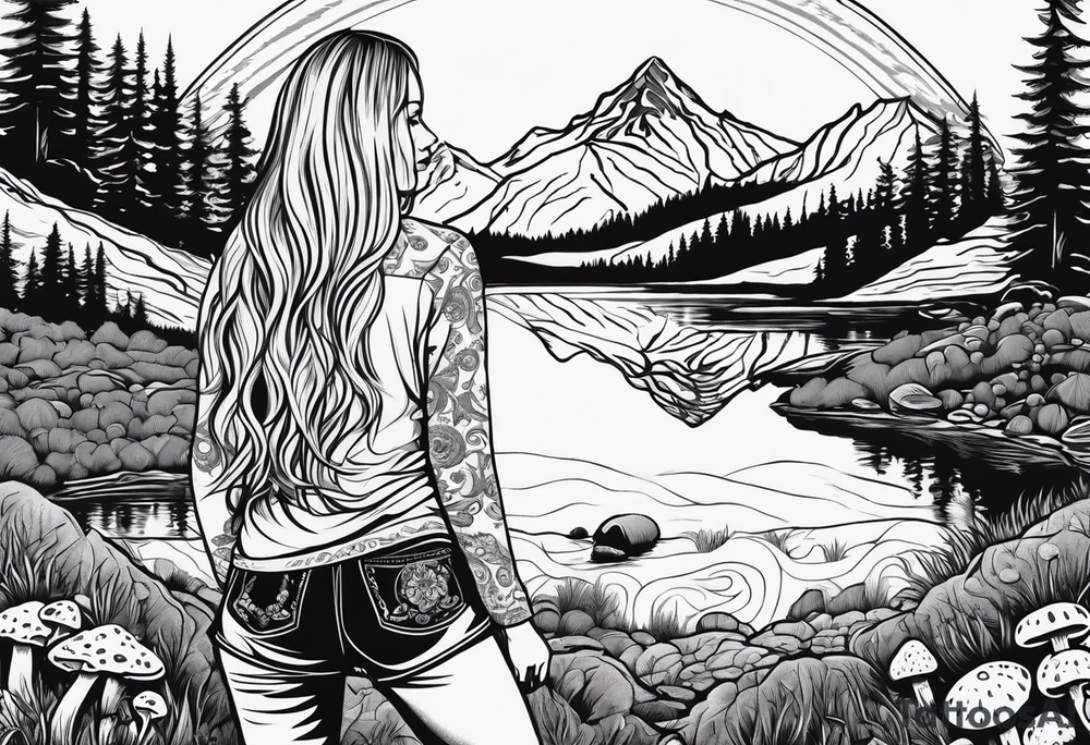 Whole picture encircled fully

Straight long blonde hair hippie girl in distance holding mushrooms in hand facing away toward mountains and creek surrounded by mushrooms long sleeve shirt and hiking pants; whole rendering within a full circle, no cut off circle tattoo idea