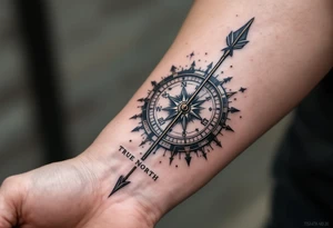 steampunk half compass half clock with a long native American arrow pointing at my wrist with the words “True North” and says "Isaiah 40:31" tattoo idea