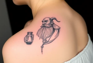 The sign of the aquarian version human man almost resembling a god, with a large beard, with a jar on his shoulder with water coming out of it tattoo idea