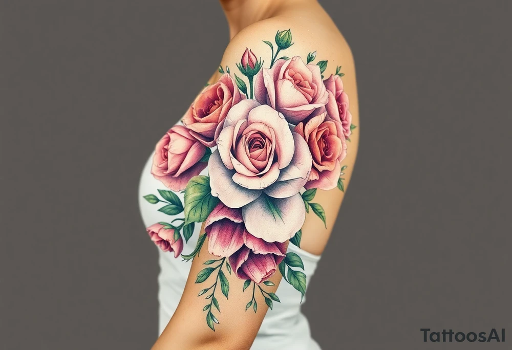vintage bouquet of wild roses and meadow flowers with morning dew tattoo idea