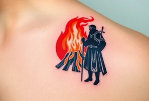 A silhouette of Jan Hus standing next to a enormous bonfire, with fiery orange and red shades tattoo idea