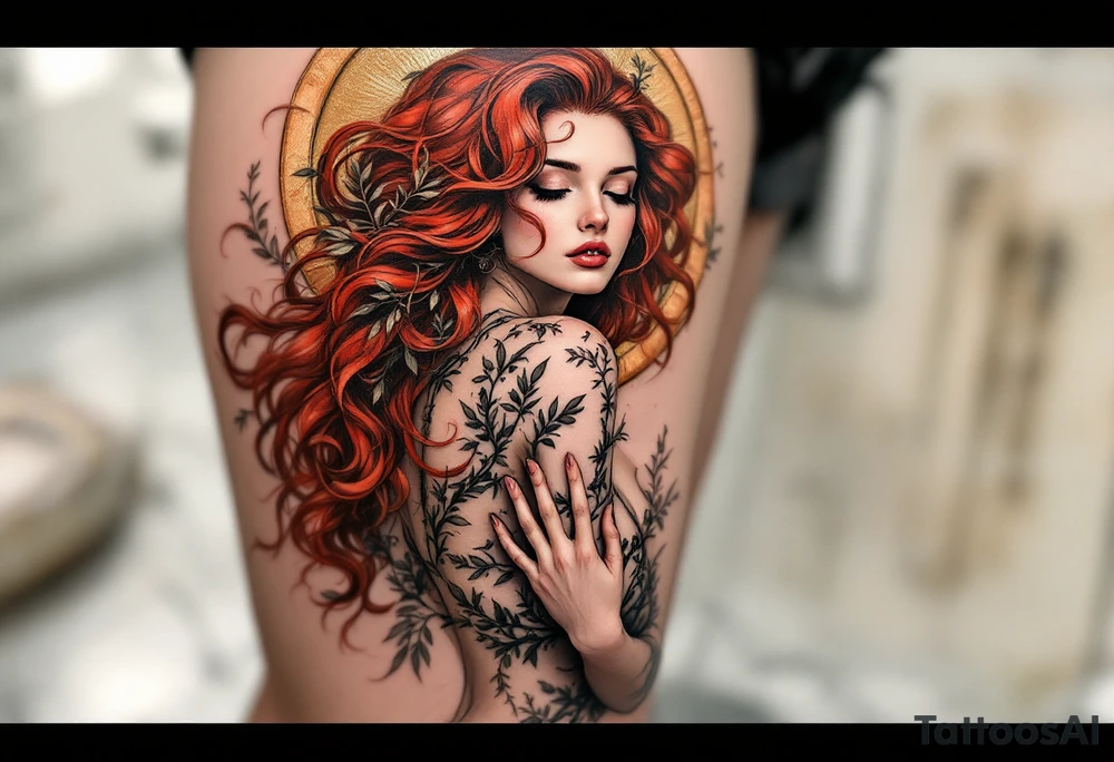Alfons Mucha’s dreamy maiden with cascading red hair, embraced by copper-toned halos and intricate olive branches. tattoo idea