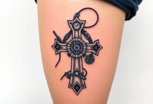 A bio-mechanical Maltese cross fused with gears and wires, combining organic and mechanical elements tattoo idea