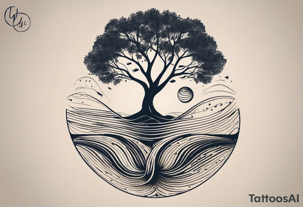 A tattoo design that incorporates the following elements: an abstract tree of life that has roots emerging  from the ground. Waves of water encapsulate the tree and wind around it in an organic way.  Incorporate music.   the letters U and A are overlapping and engraved into the tree. a golf ball incorporated but not prominent. tattoo idea