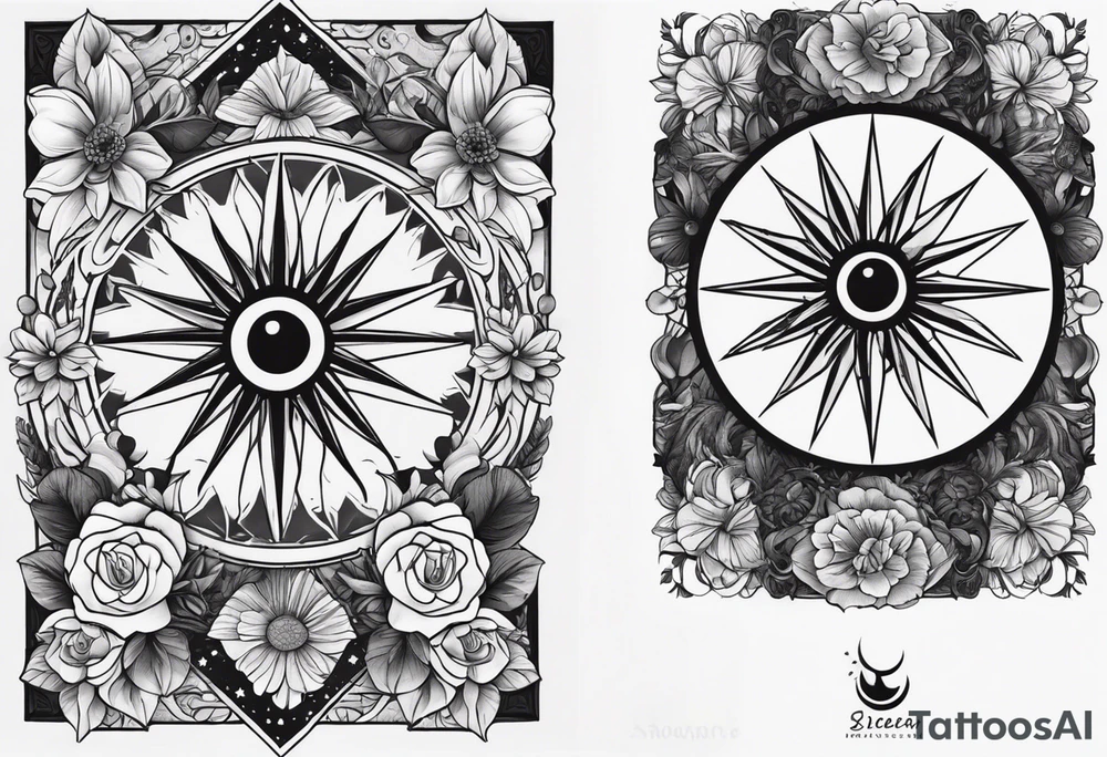 Design a sleeve arm tattoo that symbolizes power, peace and love with the sun and moon and with flowers and butterflies but also shows masculinity tattoo idea