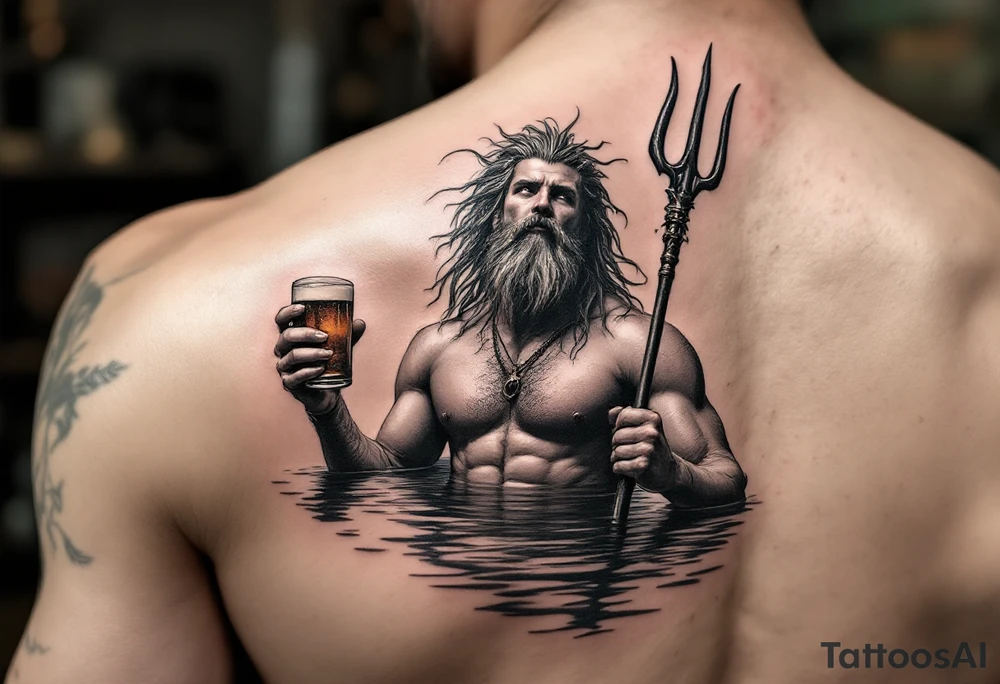 young, fit poseidon in calm water, holding a trident, drinking a beer, looking at the sky tattoo idea