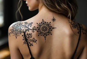 tattoo design with symmetrical ornamental patterns, combining dotwork, mandala elements, and flowing lines that follow the natural curves of the body. The design is intricate and balanced.” tattoo idea