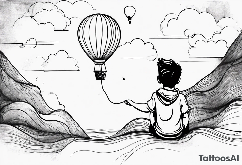 tatoo in sketch style only.
A little boy is holding a string to the hearth shaped small party baloon.
boy should be drawed from behind and has one hand reaching up in 45 degree angle and holding the baloon string
On the string is a big wave look like a hearbeat pulse.
draw it without any scenery. tattoo idea