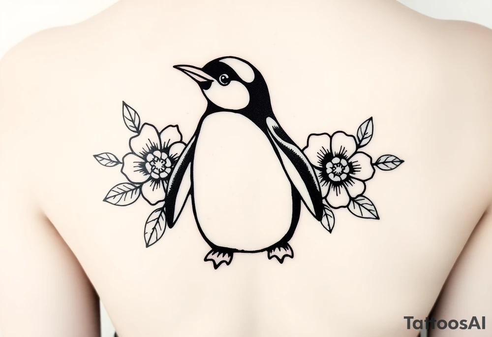 Flowers with a cute penguin with a c in the belly tattoo idea