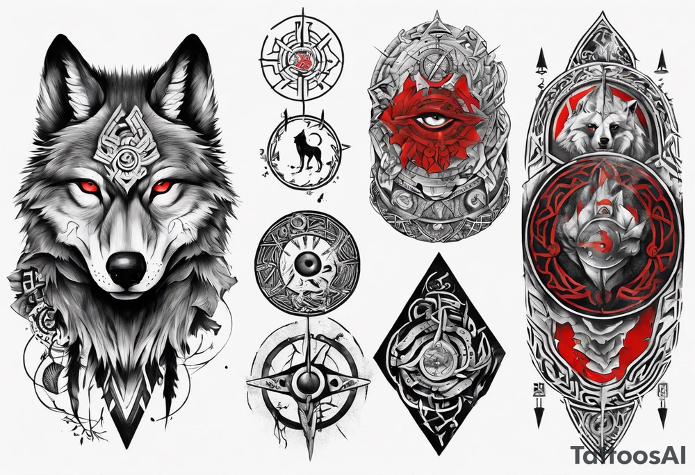 want a half sleeve on my left forearm featuring a side profile of wolf with a vegvisir for its pupil and red eye, surrounded by Māori patterns and Norse symbols tattoo idea