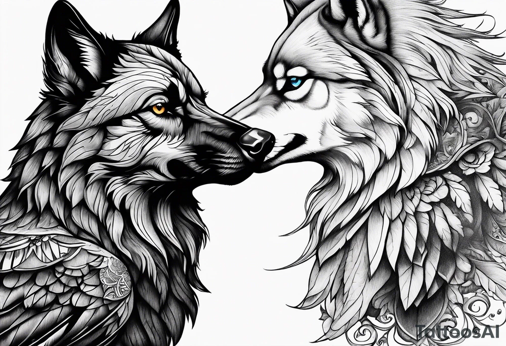 a wolf and a raven back to back facing opposite direction tattoo idea