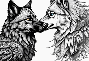 a wolf and a raven back to back facing opposite direction tattoo idea