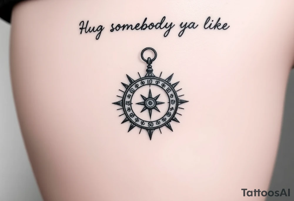Three dimensional sundial casting shadow with handwriting “Hug somebody ya like” above. tattoo idea