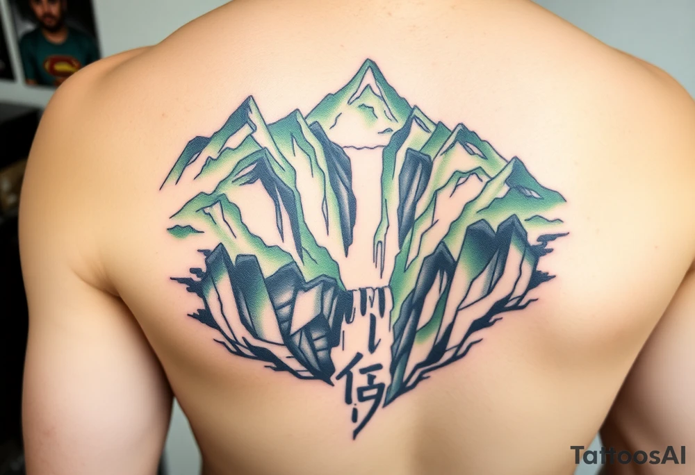 သား  surrounded by a colorful green mountainside with a waterfall tattoo idea