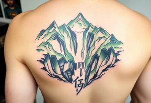 သား  surrounded by a colorful green mountainside with a waterfall tattoo idea