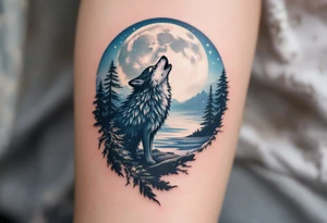 lone wolf howling at full moon with northern lights backdrop tattoo idea