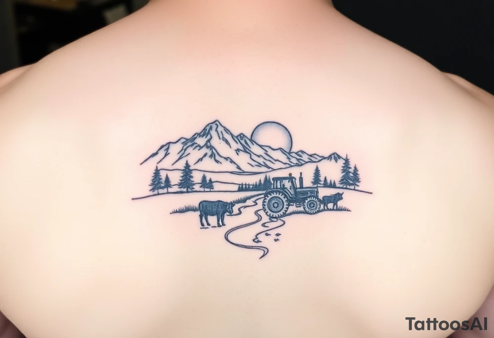 mountian, river, vantage tractor, cow, sunset tattoo idea