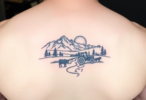 mountian, river, vantage tractor, cow, sunset tattoo idea