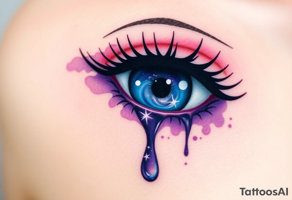 Teary eye with a dripping teardrop with a galaxy swirling inside, in a gradient from violet to indigo tattoo idea