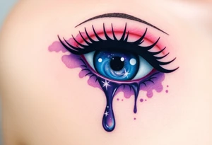 Teary eye with a dripping teardrop with a galaxy swirling inside, in a gradient from violet to indigo tattoo idea